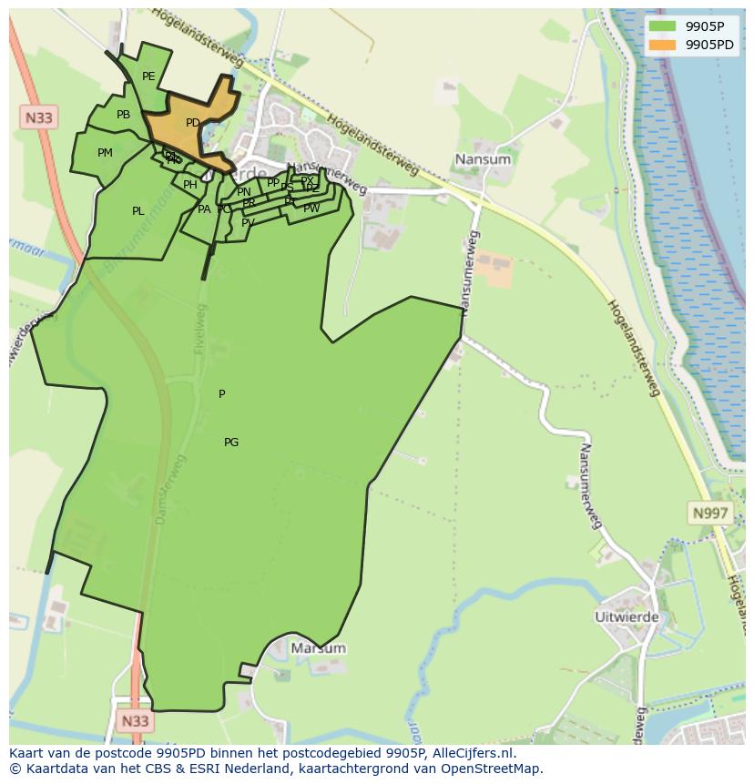 Afbeelding van het postcodegebied 9905 PD op de kaart.