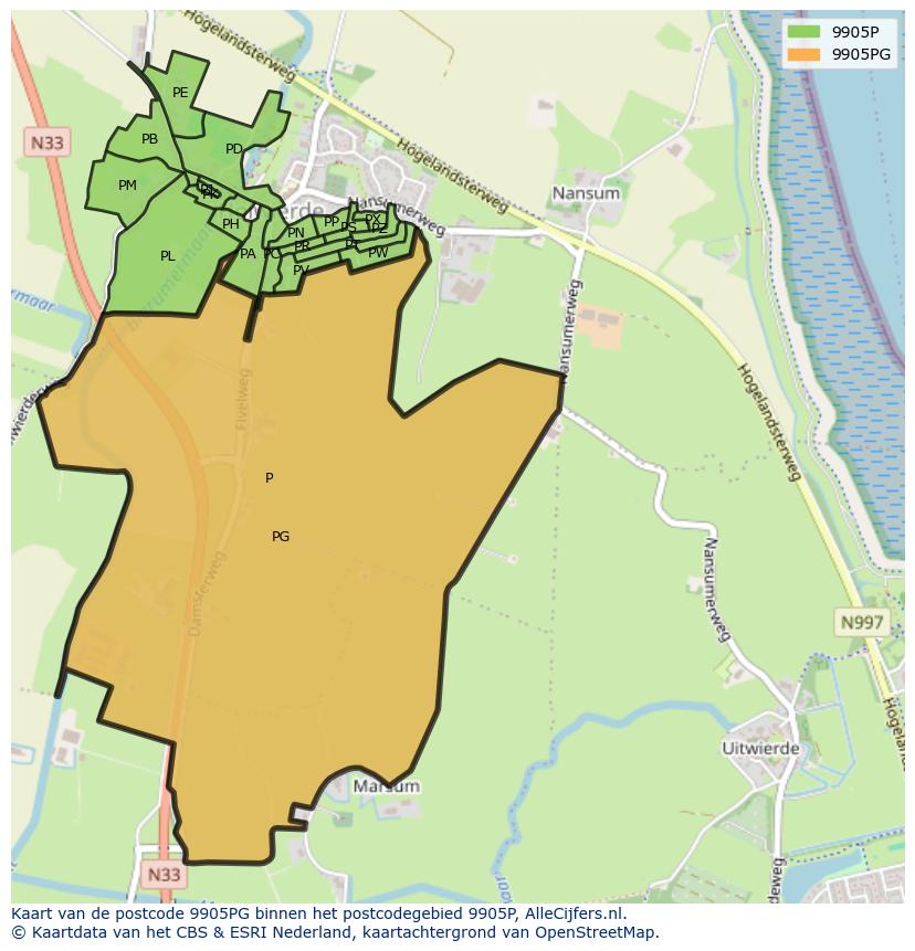 Afbeelding van het postcodegebied 9905 PG op de kaart.