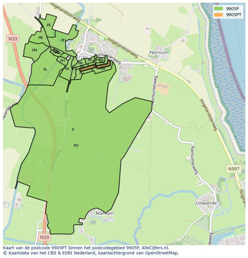Afbeelding van het postcodegebied 9905 PT op de kaart.