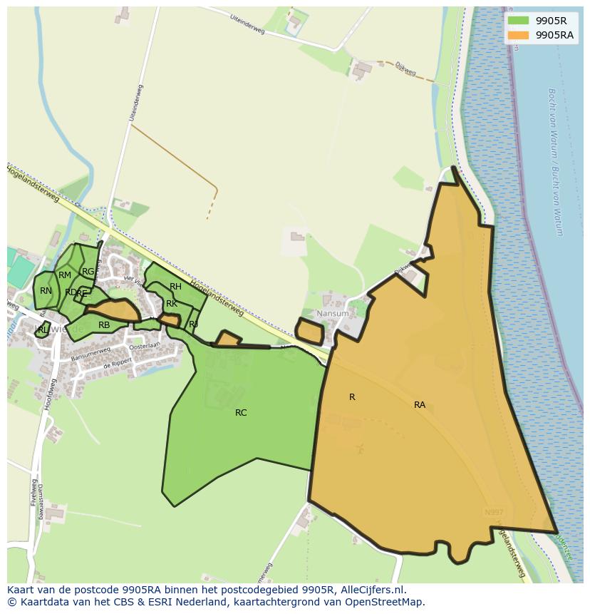 Afbeelding van het postcodegebied 9905 RA op de kaart.