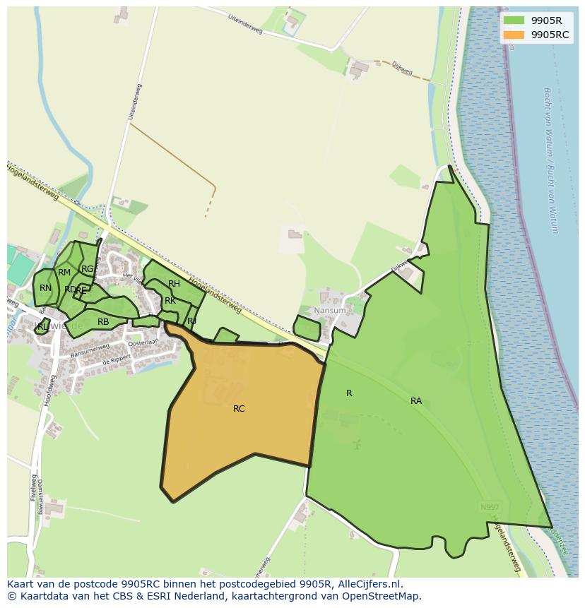 Afbeelding van het postcodegebied 9905 RC op de kaart.