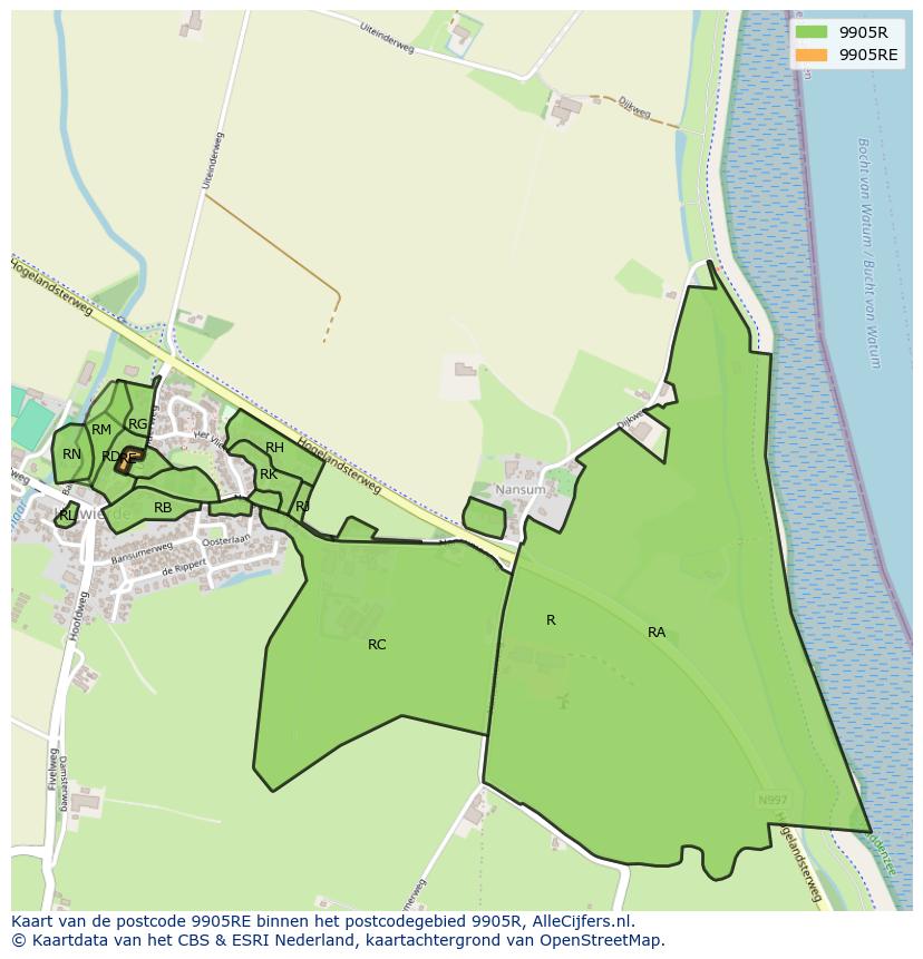 Afbeelding van het postcodegebied 9905 RE op de kaart.