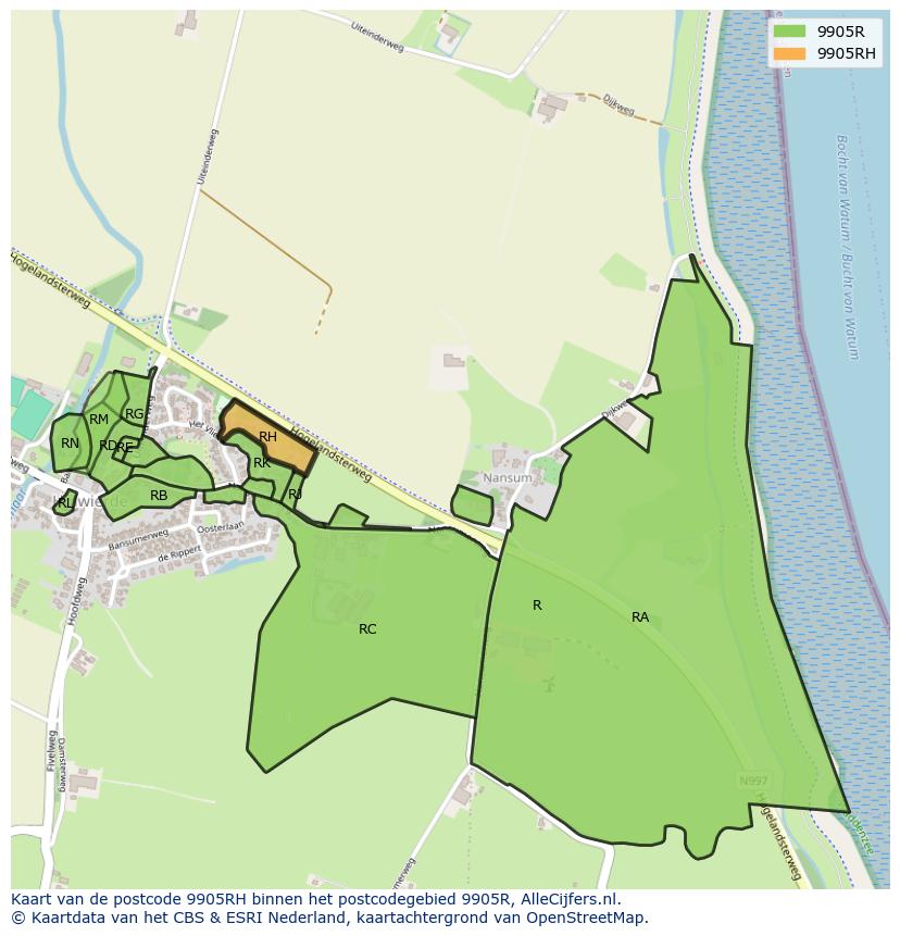 Afbeelding van het postcodegebied 9905 RH op de kaart.