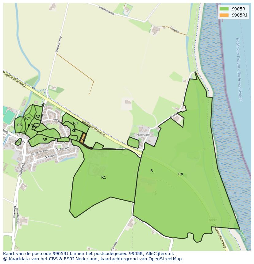 Afbeelding van het postcodegebied 9905 RJ op de kaart.