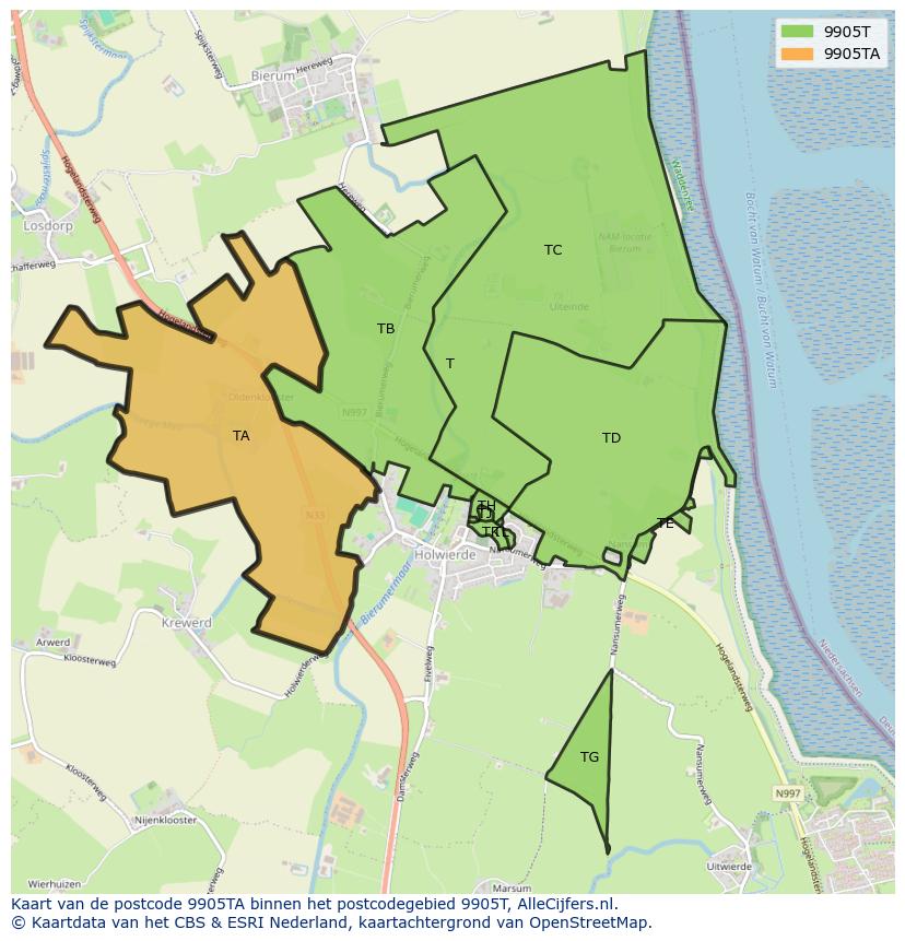 Afbeelding van het postcodegebied 9905 TA op de kaart.