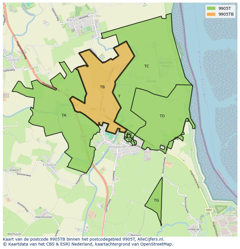 Afbeelding van het postcodegebied 9905 TB op de kaart.