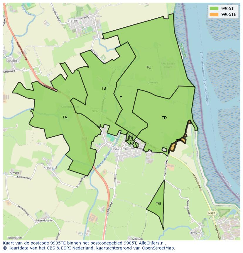 Afbeelding van het postcodegebied 9905 TE op de kaart.