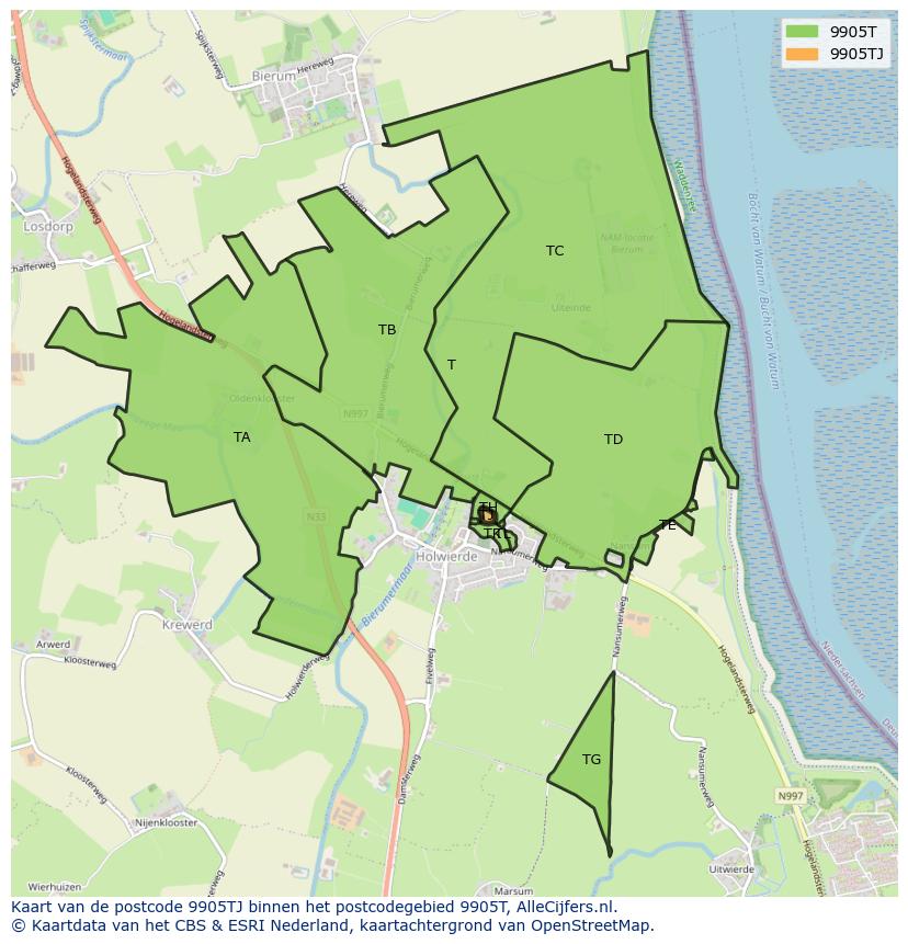 Afbeelding van het postcodegebied 9905 TJ op de kaart.