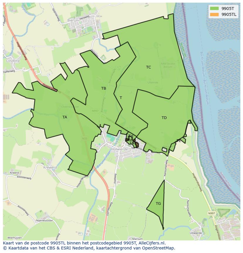 Afbeelding van het postcodegebied 9905 TL op de kaart.