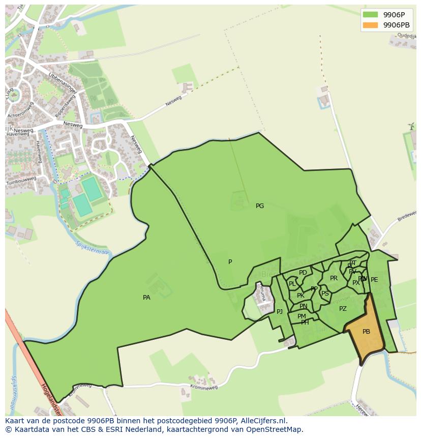 Afbeelding van het postcodegebied 9906 PB op de kaart.