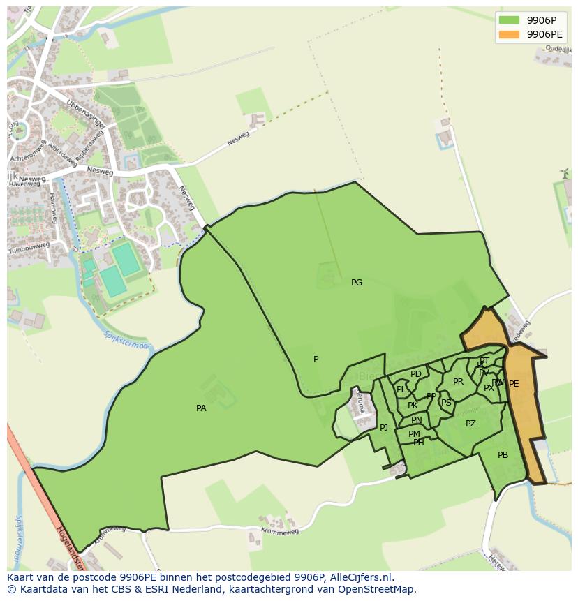 Afbeelding van het postcodegebied 9906 PE op de kaart.