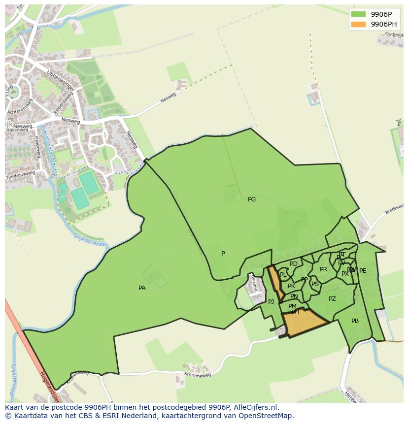 Afbeelding van het postcodegebied 9906 PH op de kaart.