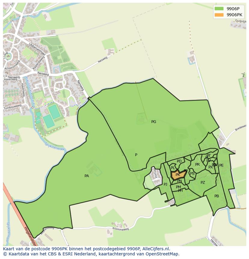Afbeelding van het postcodegebied 9906 PK op de kaart.