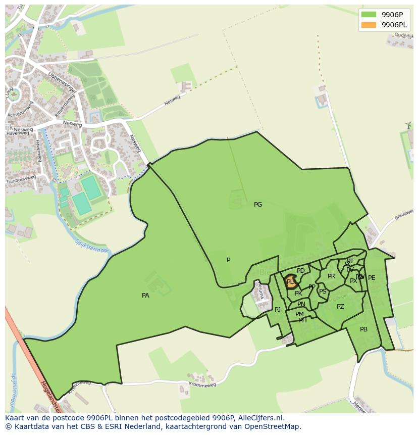 Afbeelding van het postcodegebied 9906 PL op de kaart.