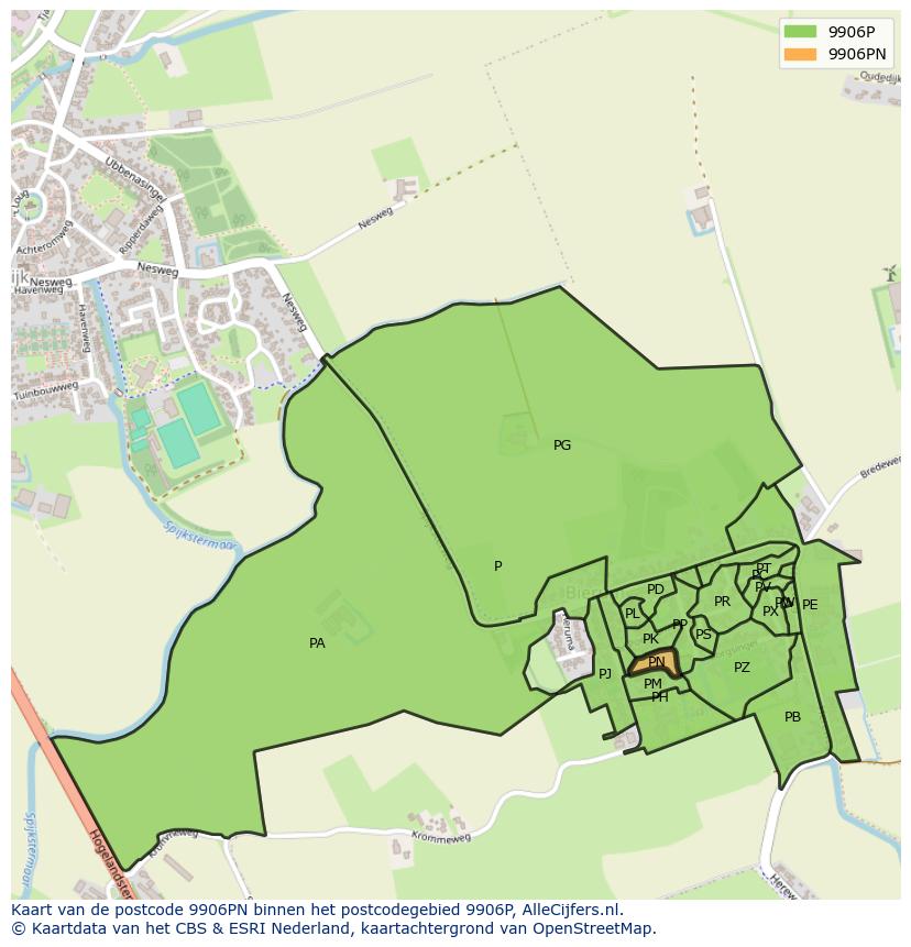 Afbeelding van het postcodegebied 9906 PN op de kaart.