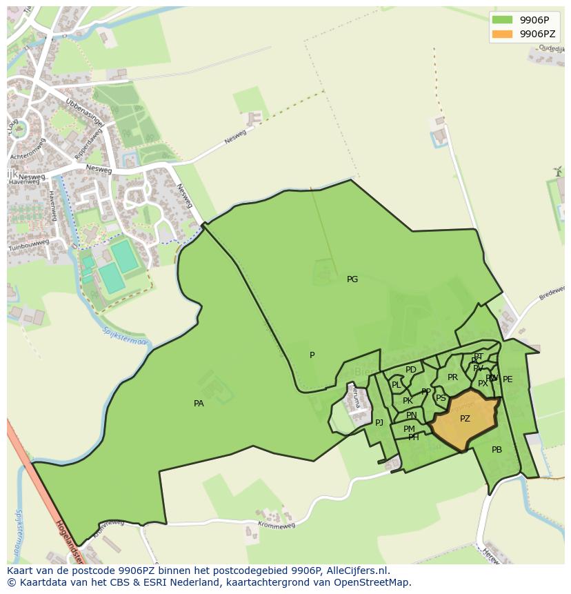 Afbeelding van het postcodegebied 9906 PZ op de kaart.