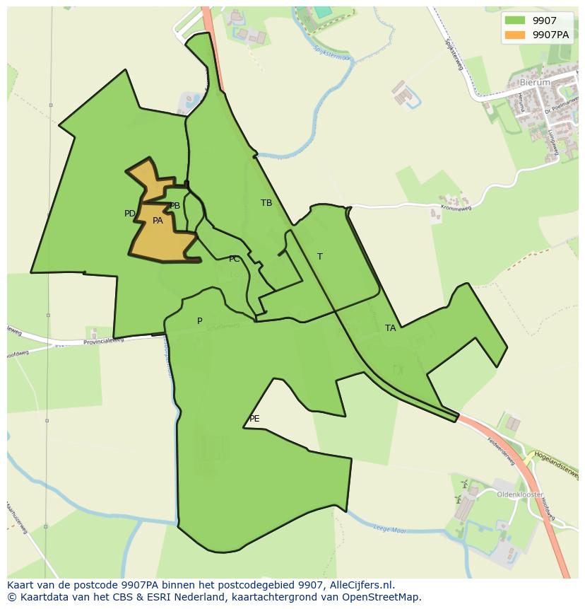 Afbeelding van het postcodegebied 9907 PA op de kaart.
