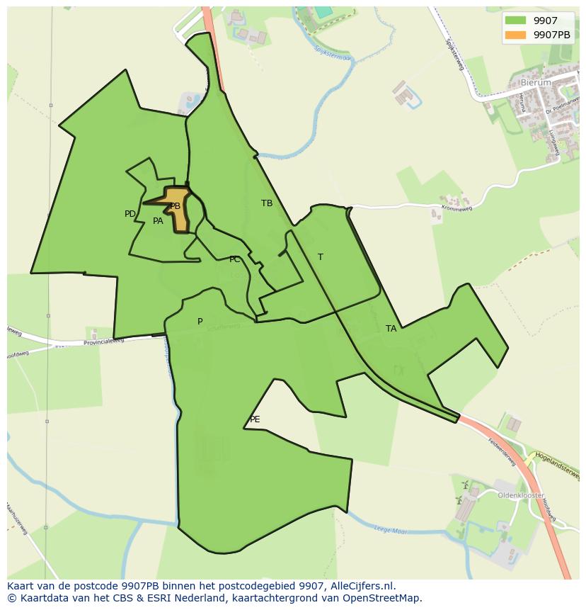 Afbeelding van het postcodegebied 9907 PB op de kaart.