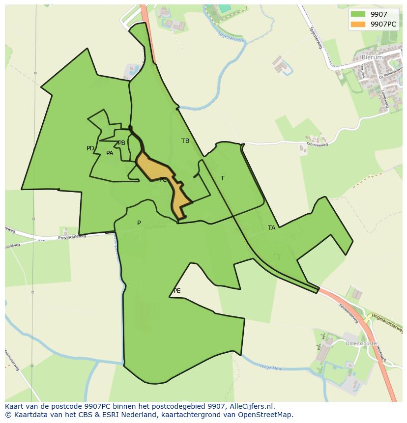 Afbeelding van het postcodegebied 9907 PC op de kaart.