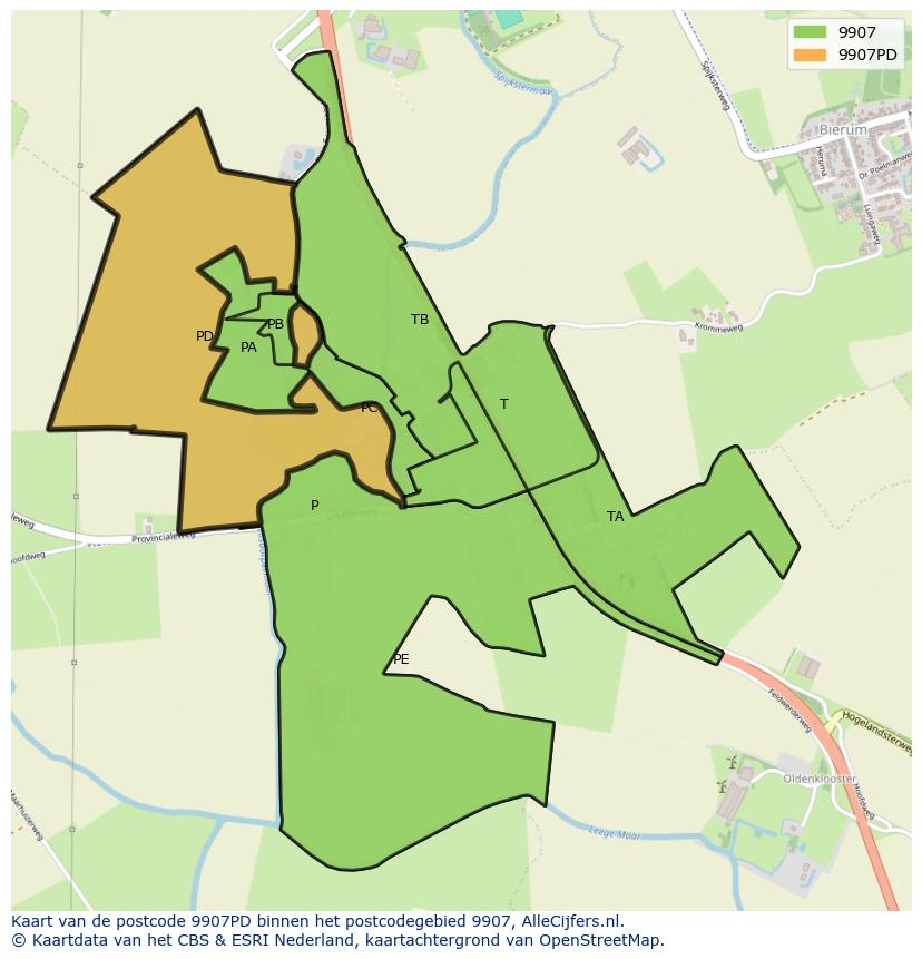 Afbeelding van het postcodegebied 9907 PD op de kaart.