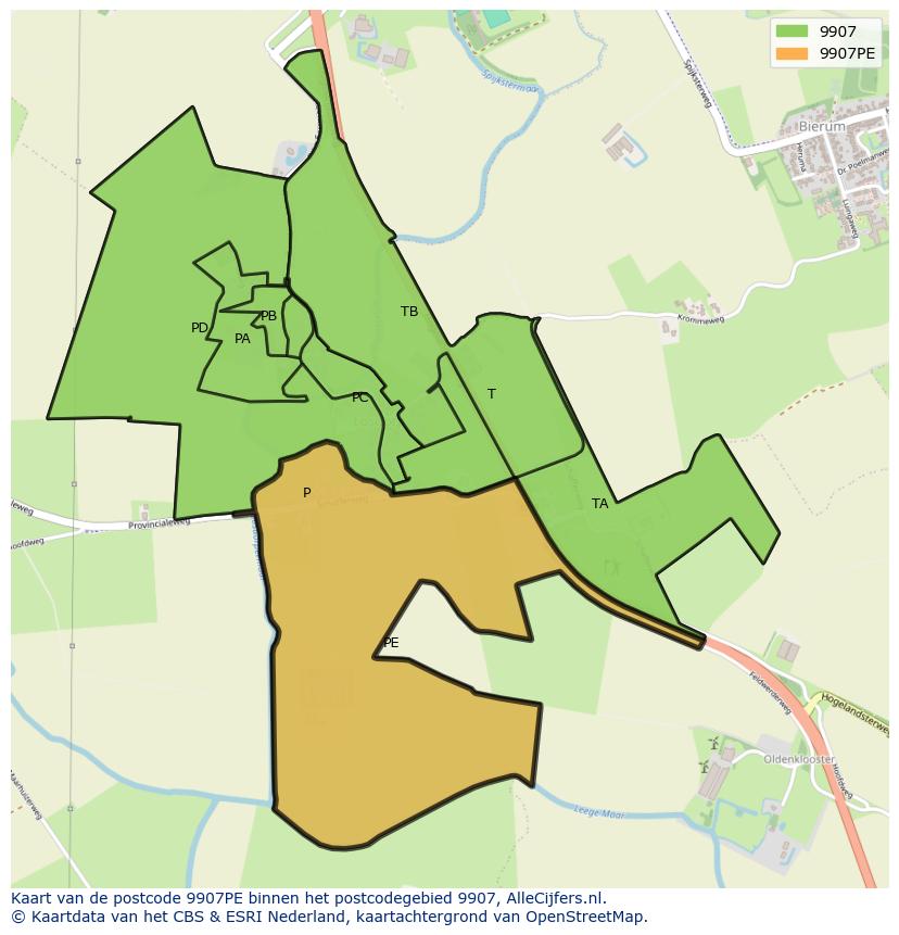 Afbeelding van het postcodegebied 9907 PE op de kaart.