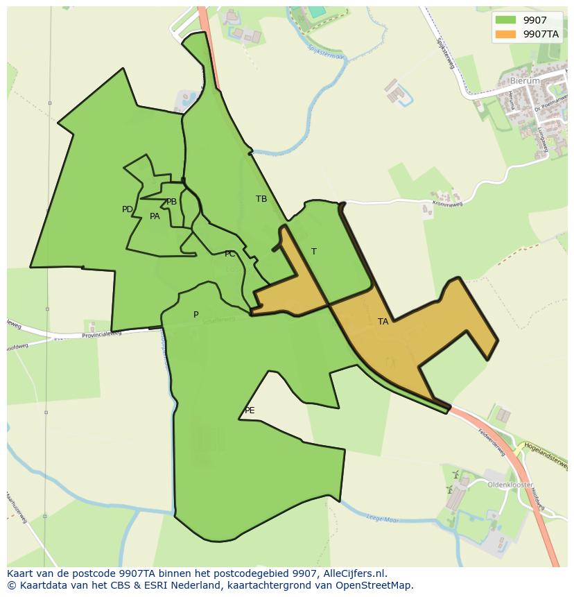 Afbeelding van het postcodegebied 9907 TA op de kaart.