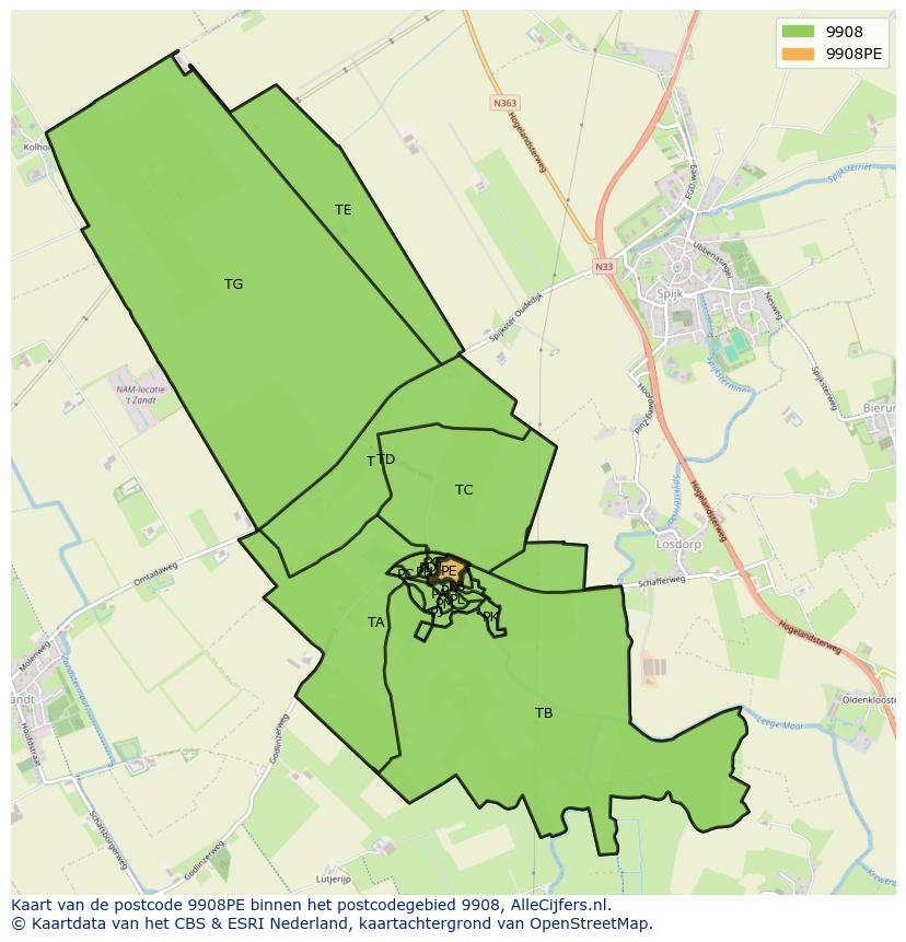 Afbeelding van het postcodegebied 9908 PE op de kaart.