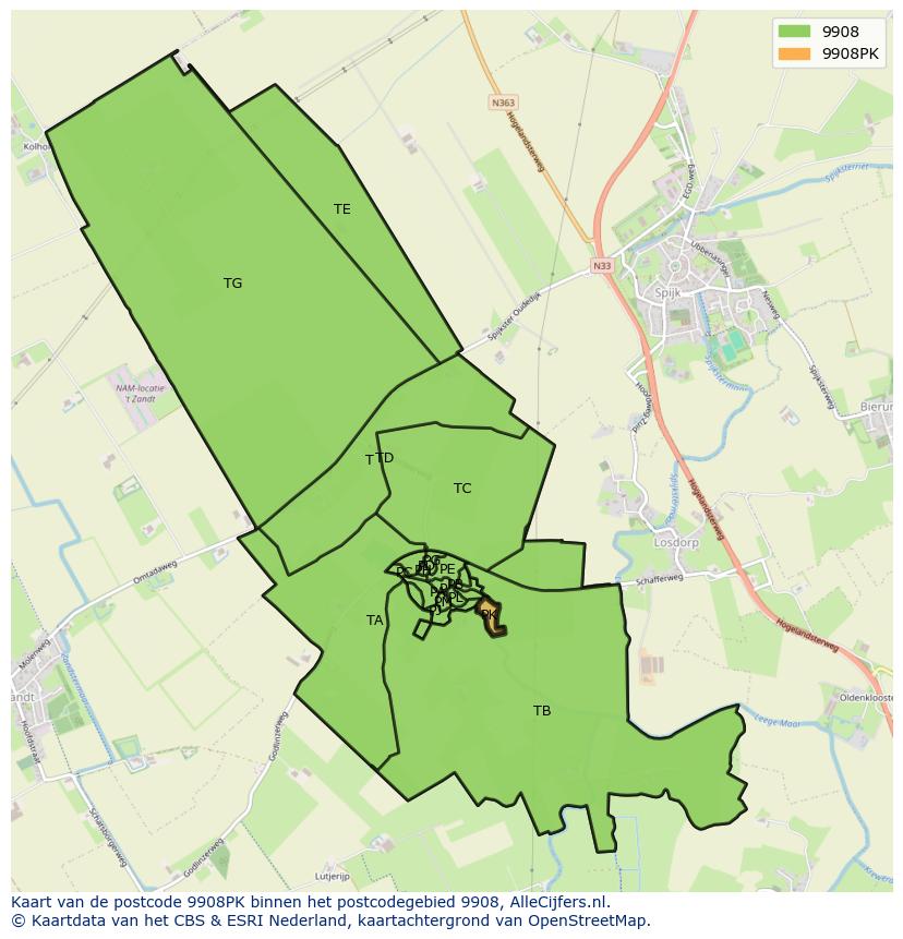 Afbeelding van het postcodegebied 9908 PK op de kaart.