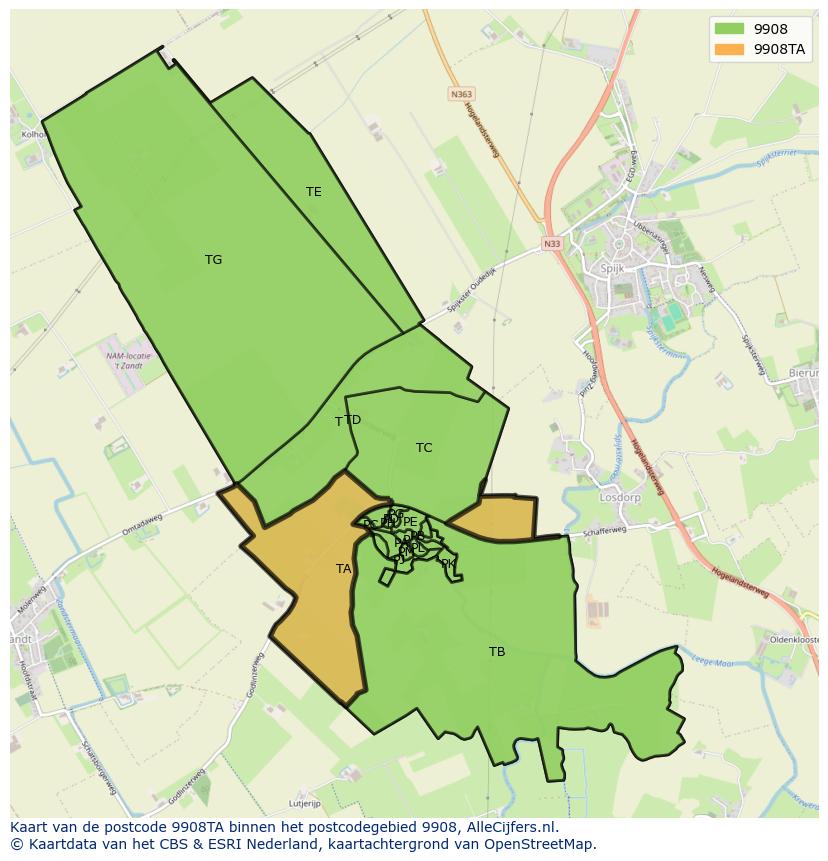 Afbeelding van het postcodegebied 9908 TA op de kaart.