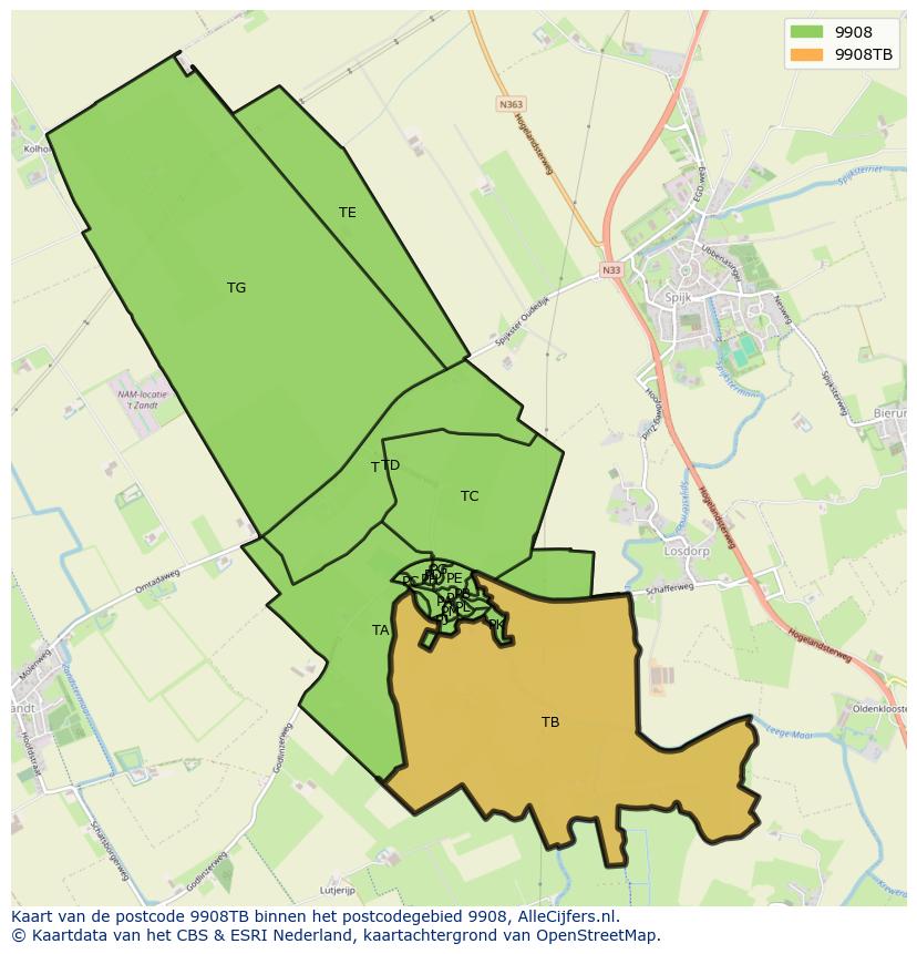 Afbeelding van het postcodegebied 9908 TB op de kaart.