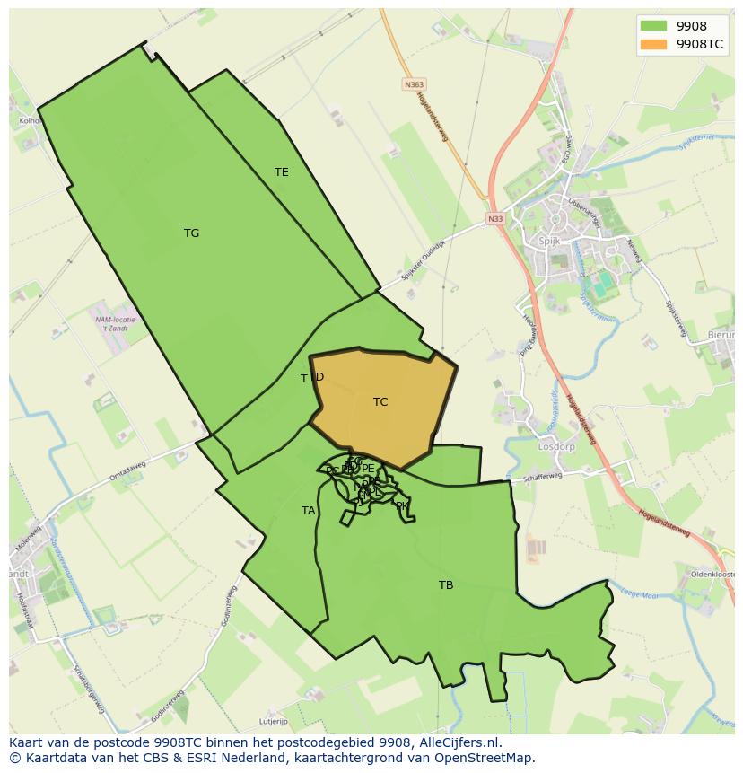 Afbeelding van het postcodegebied 9908 TC op de kaart.
