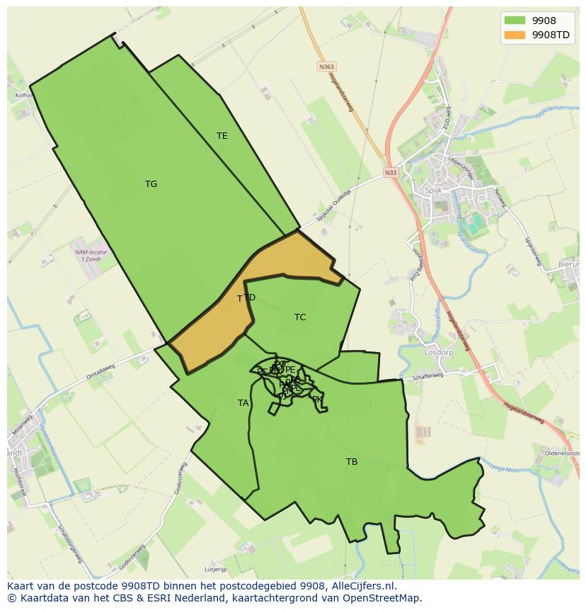 Afbeelding van het postcodegebied 9908 TD op de kaart.