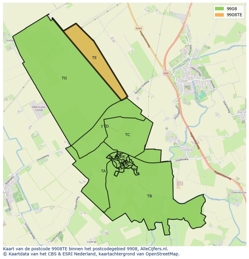 Afbeelding van het postcodegebied 9908 TE op de kaart.