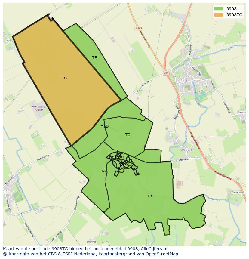 Afbeelding van het postcodegebied 9908 TG op de kaart.