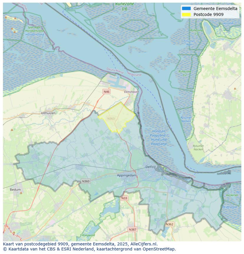Afbeelding van het postcodegebied 9909 op de kaart.