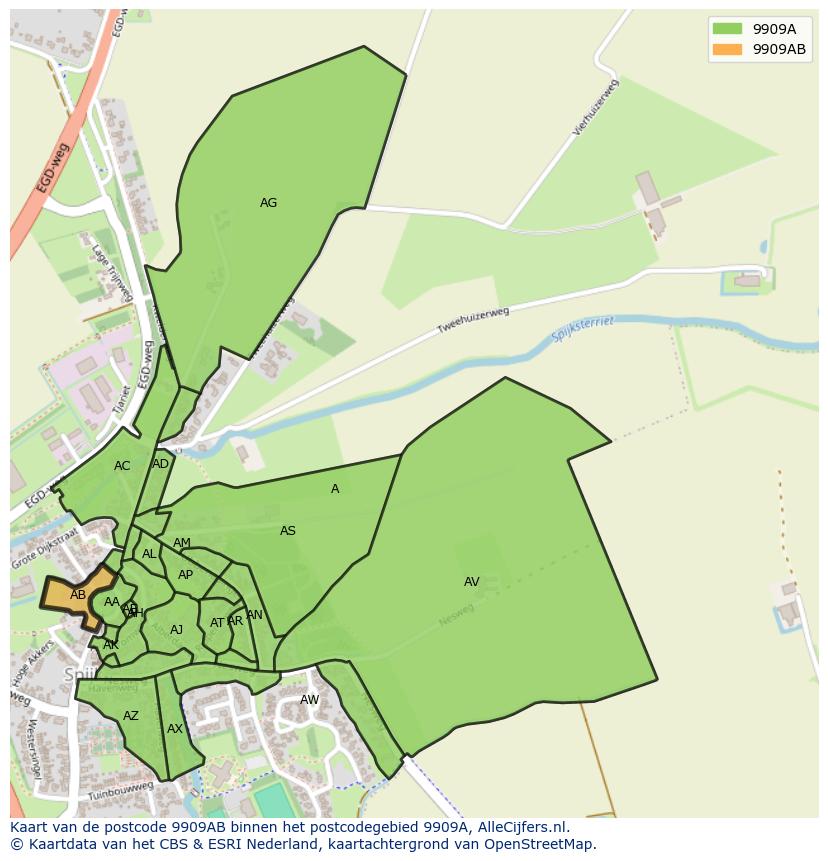 Afbeelding van het postcodegebied 9909 AB op de kaart.