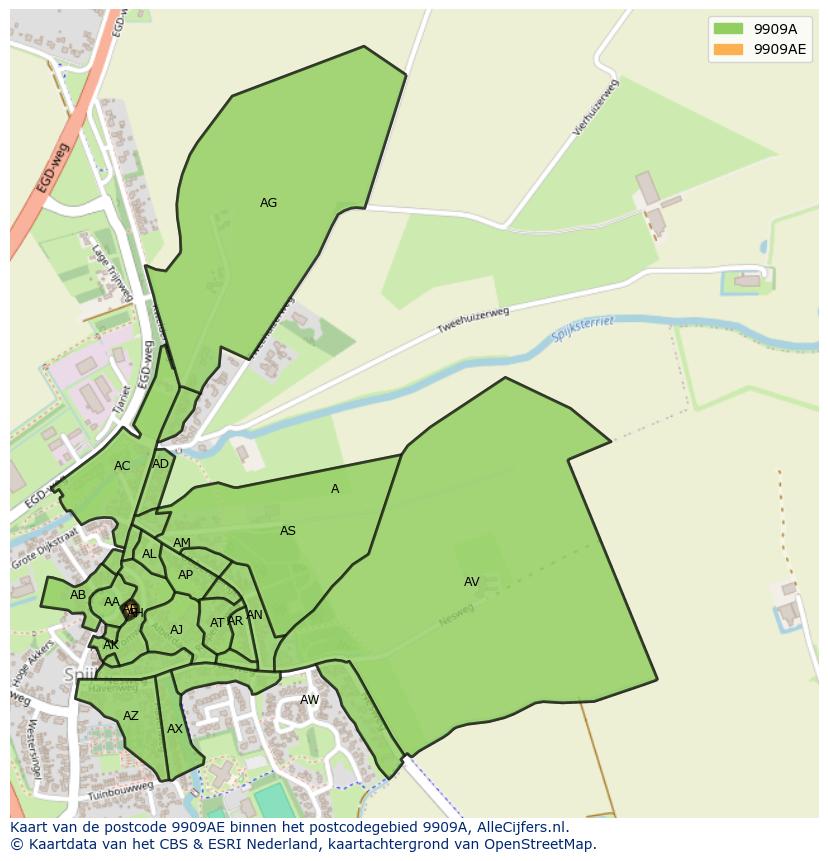 Afbeelding van het postcodegebied 9909 AE op de kaart.