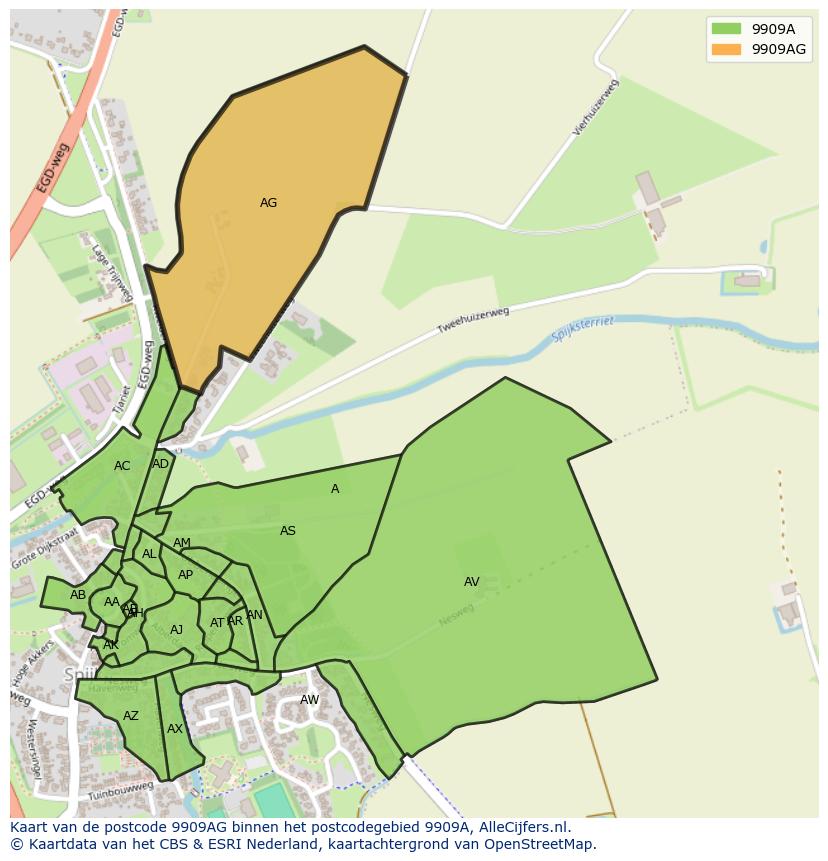Afbeelding van het postcodegebied 9909 AG op de kaart.