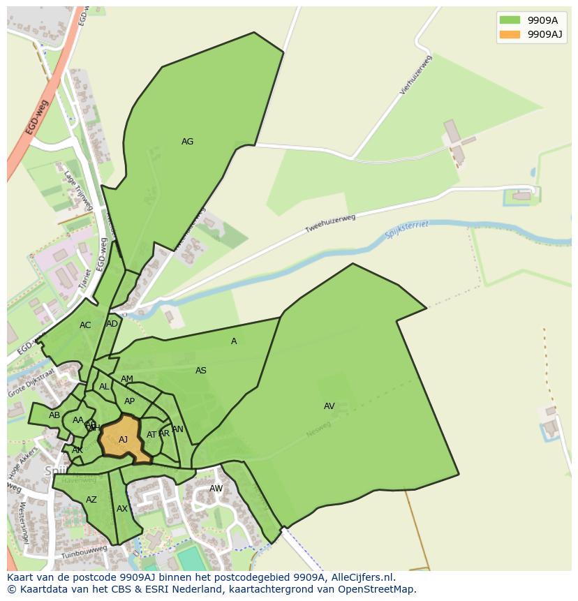 Afbeelding van het postcodegebied 9909 AJ op de kaart.