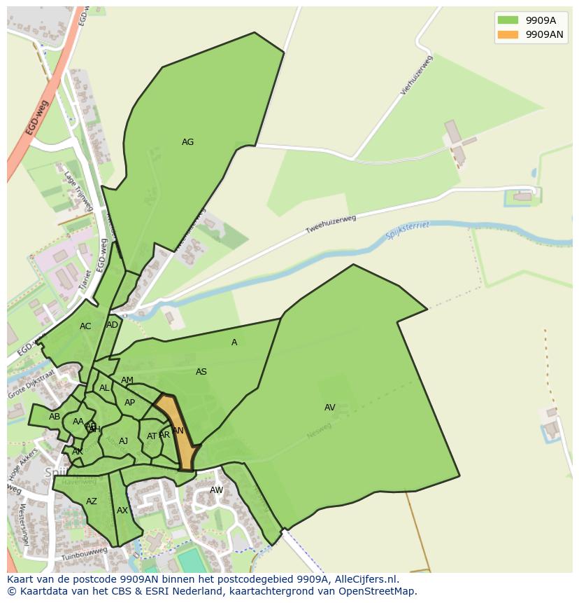 Afbeelding van het postcodegebied 9909 AN op de kaart.