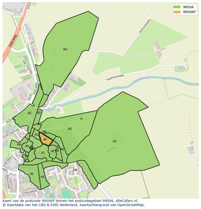 Afbeelding van het postcodegebied 9909 AP op de kaart.