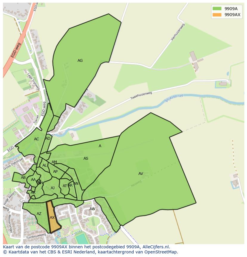 Afbeelding van het postcodegebied 9909 AX op de kaart.