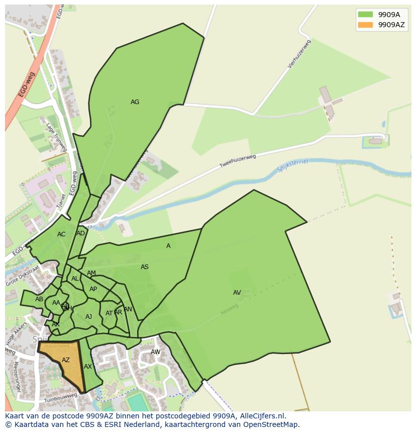 Afbeelding van het postcodegebied 9909 AZ op de kaart.