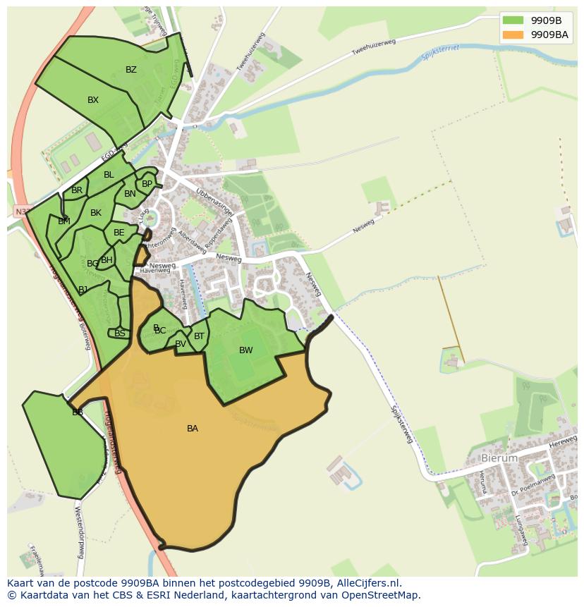 Afbeelding van het postcodegebied 9909 BA op de kaart.