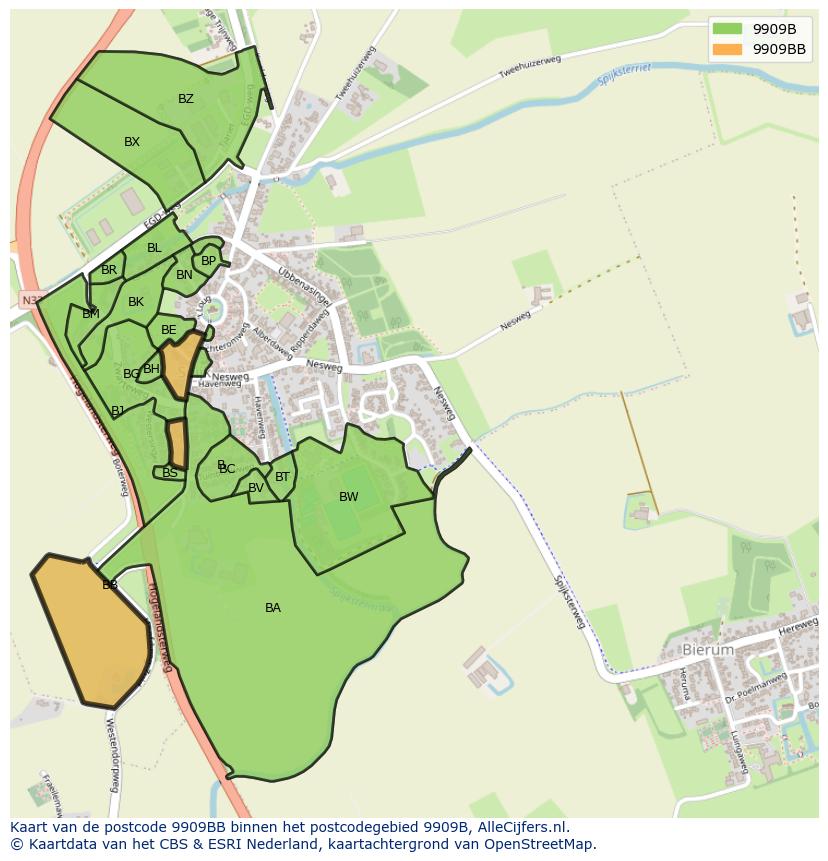 Afbeelding van het postcodegebied 9909 BB op de kaart.