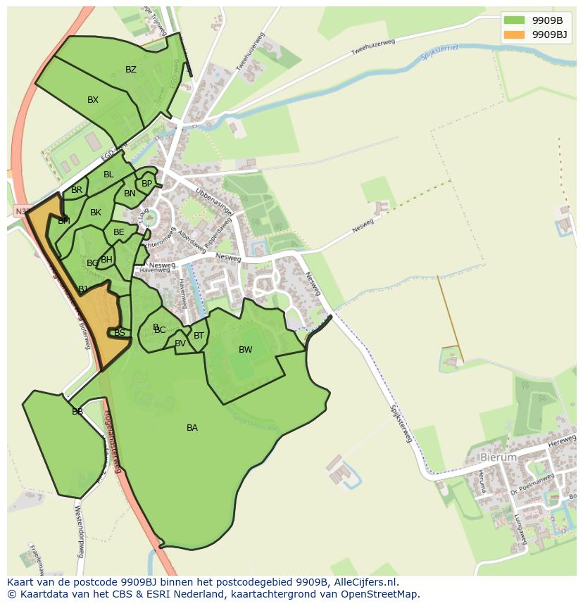 Afbeelding van het postcodegebied 9909 BJ op de kaart.