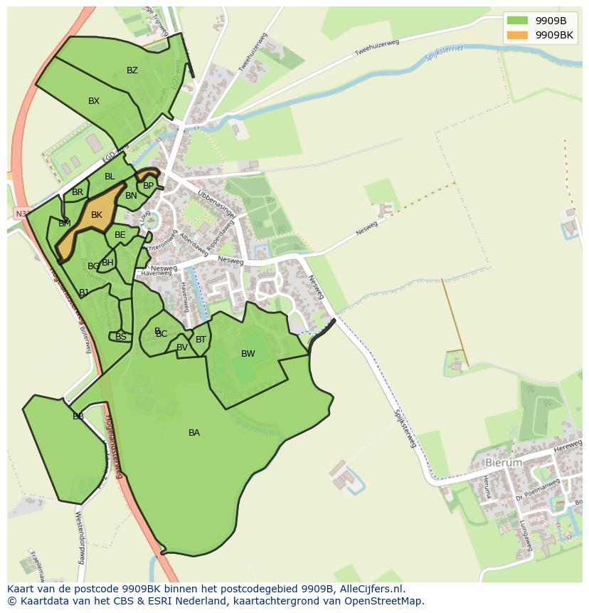 Afbeelding van het postcodegebied 9909 BK op de kaart.