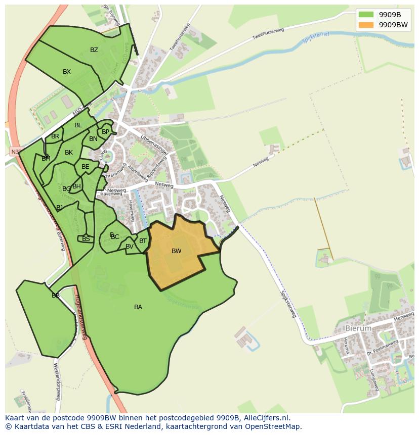 Afbeelding van het postcodegebied 9909 BW op de kaart.