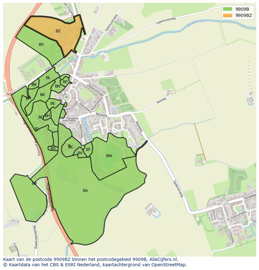 Afbeelding van het postcodegebied 9909 BZ op de kaart.
