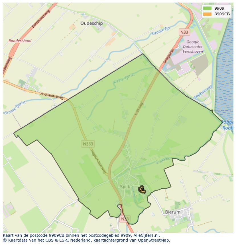 Afbeelding van het postcodegebied 9909 CB op de kaart.